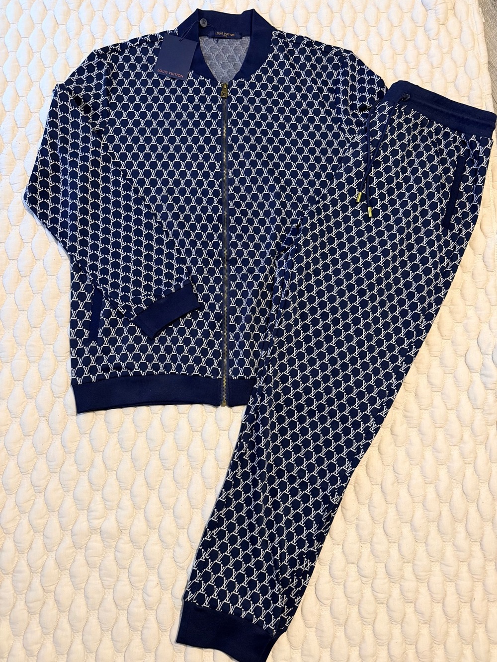 Louis Vuitton Navy & White Monogram Knit with Gold Accent